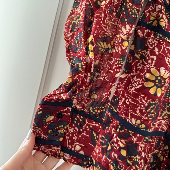 BA&SH Gigi Midi Dress Tiered All-over Floral Print Burgundy V-neck Long Sleeve - Picture 10 of 11